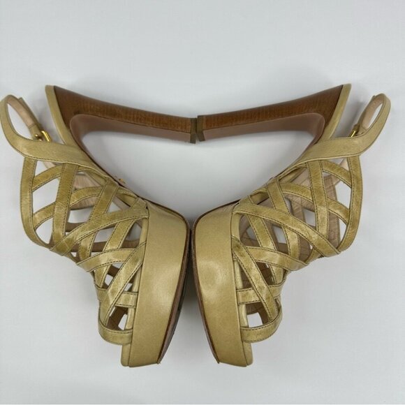 Prada Women's Tan Neutral Caged Criss Cross Designer Sandal Heels EU 37.5/US 7 - Picture 5 of 11
